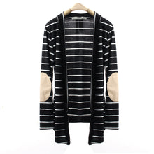 Black and White Stripe Elbow Patching PU Leather Long Sleeve Knitted Cardigan Fall Slim Women Sweater IMY66