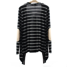 Black and White Stripe Elbow Patching PU Leather Long Sleeve Knitted Cardigan Fall Slim Women Sweater IMY66