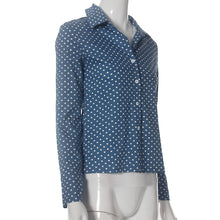 Blue Color Women Jean Shirt Sexy Open Back Printed Heart Long Sleeve Turn Down Collar Shirt Blouse Tops IMY66