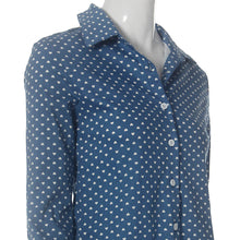 Blue Color Women Jean Shirt Sexy Open Back Printed Heart Long Sleeve Turn Down Collar Shirt Blouse Tops IMY66