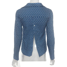 Blue Color Women Jean Shirt Sexy Open Back Printed Heart Long Sleeve Turn Down Collar Shirt Blouse Tops IMY66