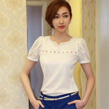 Blusas Femininas Women Lace Pearl Blouse Short Sleeve Shirt V Neck Doll Tops Women Blouses Best IMY66