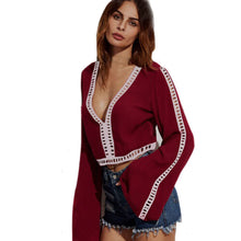 Blusas feminina Women Sexy Blouses Flare Sleeve Deep V Neck Loose Hollow Blouse Shirt Tops Shirt IMY66