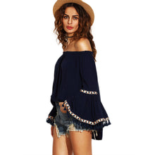 Bohemia Style Women Blouses Navy Off Shoulder Casual Slash Neck Ruffles Flare Sleeve Tassel Shirt blusa feminina IMY66