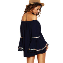 Bohemia Style Women Blouses Navy Off Shoulder Casual Slash Neck Ruffles Flare Sleeve Tassel Shirt blusa feminina IMY66