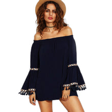 Bohemia Style Women Blouses Navy Off Shoulder Casual Slash Neck Ruffles Flare Sleeve Tassel Shirt blusa feminina IMY66