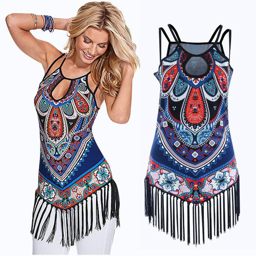 Boho Style Women Sleeveless Tops Sexy VesT-Shirt Blouse Tassel Printed Tank Tops Vest tops femme IMY66