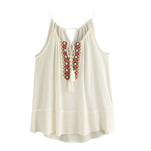 Boho Women Tank Tops Loose Sleeveless Miter Embroidered Tassel Casual Crop Tops Vest blusa feminina IMY66