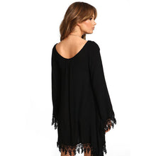 Boho Women Casual Black Long Sleeve Round Style Loose Irregular Lace Tassels Loose MIni Dress vestido de festa IMY66