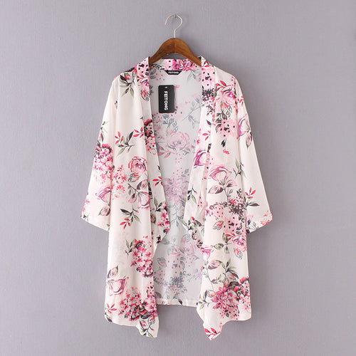 Boho Women Chiffon Blouse Kimono Cardigan Floral Print Chiffon Loose Shawl Outwear Tops Cover up Blouse Blusas Feminino IMY66