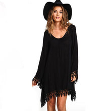 Boho Women Dress Casual Long Sleeve Lace Tassels Loose Beach Mini Dress Black Dress vestidos Plus Size IMY66