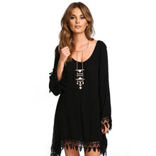 Boho Women Dress Casual Long Sleeve Lace Tassels Loose Beach Mini Dress Black Dress vestidos Plus Size IMY66