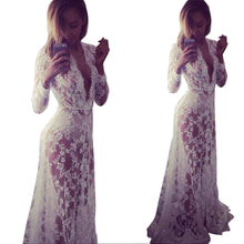Boho Women Lace Long Dress Boho Sexy See Through Deep V Maxi Evening Party Lace Dress Beach Dresses Cover Dress IMY66