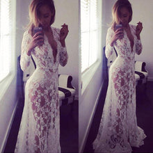 Boho Women Lace Long Dress Boho Sexy See Through Deep V Maxi Evening Party Lace Dress Beach Dresses Cover Dress IMY66