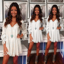 Boho Women Loose T-Shirt Dress Lace Dress Casual V Neck Long Sleeve Tops White Dress vestidos femininos IMY66