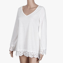 Boho Women Loose T-Shirt Dress Lace Dress Casual V Neck Long Sleeve Tops White Dress vestidos femininos IMY66