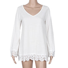 Boho Women Loose T-Shirt Dress Lace Dress Casual V Neck Long Sleeve Tops White Dress vestidos femininos IMY66