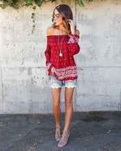 Boho Women Print Blouse Sexy Off Shoulder Tops Casual Slash Neck Loose Long Sleeve Shirt Tops blusa feminina IMY66