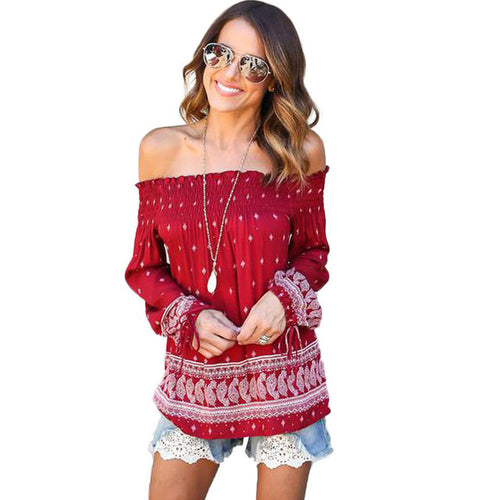 Boho Women Print Blouse Sexy Off Shoulder Tops Casual Slash Neck Loose Long Sleeve Shirt Tops blusa feminina IMY66