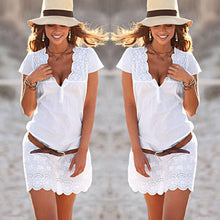 Boho Women Lace Dress Sexy V Neck Short Sleeve Dress Casual Party Beach Short Mini Dress vestido de festa White IMY66