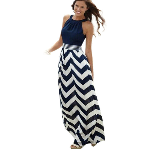 Boho Women Long Dress Sexy Maxi Sleeveless Striped Patchwork Party Beach Dresses vestidos femininos IMY66