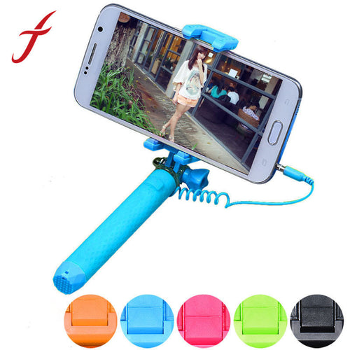 Candy Color Super Mini Mirror Wired Selfie Stick Fold Handheld Stick Self-portrait Holder For Smartphone IMY66