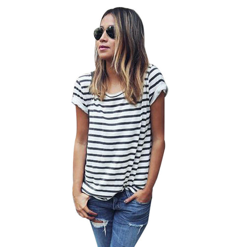 Casual Tee Shirt Femme O Neck Sexy Women Top Striped Short Sleeve Female Punk T-Shirt Feminino camisetas IMY66