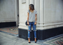 Casual Tee Shirt Femme O Neck Sexy Women Top Striped Short Sleeve Female Punk T-Shirt Feminino camisetas IMY66