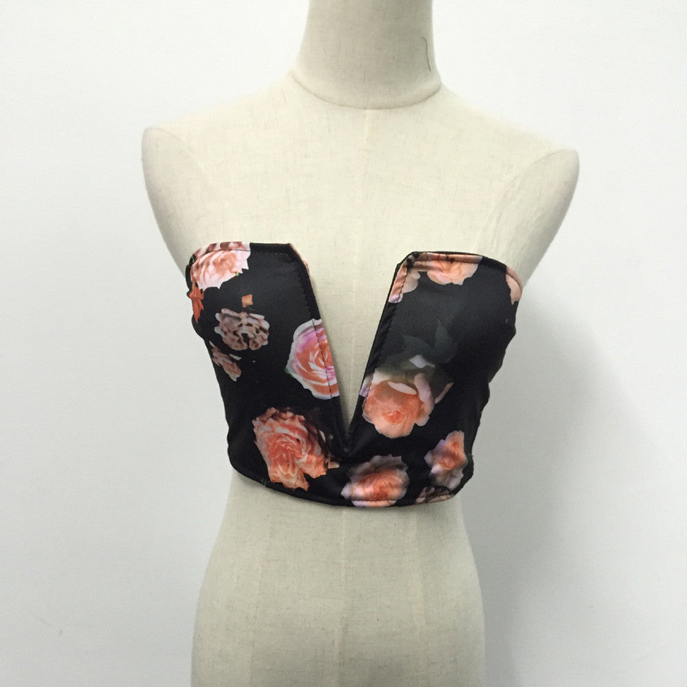 Celebrity Style Womens Sexy Deep V Strapless Floral Print Plunge Bra Bralette Corset Tank Crop Tops Bustier Top Clubwear IMY66