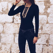 Combinaison femme Women Jumpsuit Ribbed Front Plunge Lace up Tie Leotard Elastic Bodysuit Crop Tops Jumpsuit Overalls IMY66