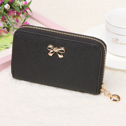 Cute Candy Solid Color Women PU Leather Bowknot Zipper Short Long Purse Wearable Wallet Handbag ID Card Holder Bag IMY66