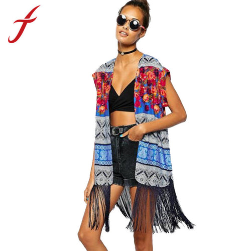 Designer Ethnic Style Retro Chiffon Blouses Tassel Print Mode Sleeveless Shirt Cardigan Kimono Cover Ups IMY66
