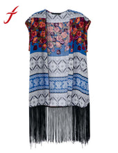 Designer Ethnic Style Retro Chiffon Blouses Tassel Print Mode Sleeveless Shirt Cardigan Kimono Cover Ups IMY66