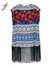 Designer Ethnic Style Retro Chiffon Blouses Tassel Print Mode Sleeveless Shirt Cardigan Kimono Cover Ups IMY66