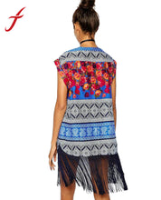 Designer Ethnic Style Retro Chiffon Blouses Tassel Print Mode Sleeveless Shirt Cardigan Kimono Cover Ups IMY66