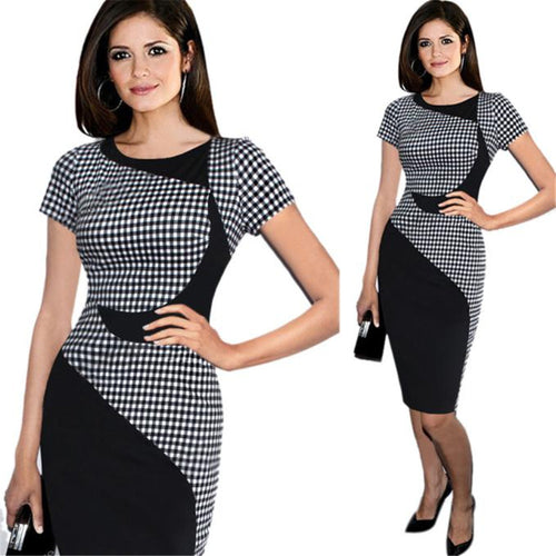 Elegant Bodycon Dress For Women Sexy Plaid Knee-Length Short Sleeve Office Party Pencil Sheath Dresses vestidos feminino IMY66