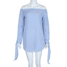 Elegant Bow Blue Off Shoulder Female Blouse Shirt Sexy Girls White Blouse Women Tops Striped Blusas Feminino IMY66