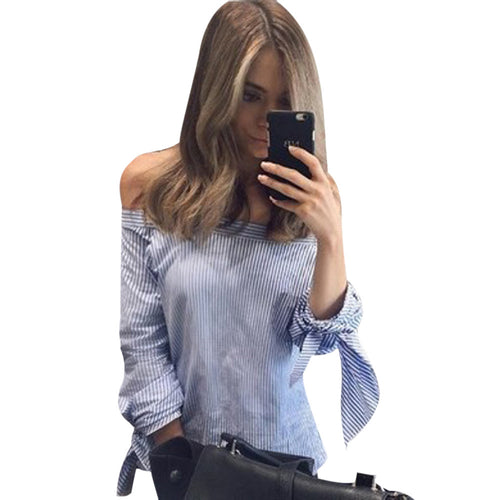 Elegant Bow Blue Off Shoulder Female Blouse Shirt Sexy Girls White Blouse Women Tops Striped Blusas Feminino IMY66