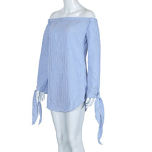 Elegant Bow Blue Off Shoulder Female Blouse Shirt Sexy Girls White Blouse Women Tops Striped Blusas Feminino IMY66