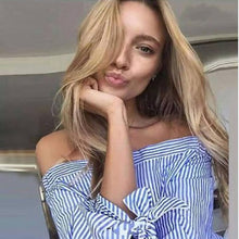 Elegant Bow Blue Off Shoulder Female Blouse Shirt Sexy Girls White Blouse Women Tops Striped Blusas Feminino IMY66