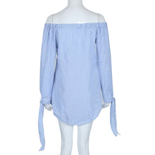 Elegant Bow Blue Off Shoulder Female Blouse Shirt Sexy Girls White Blouse Women Tops Striped Blusas Feminino IMY66