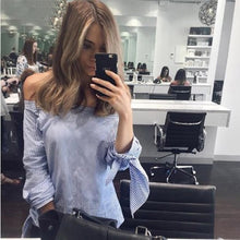 Elegant Bow Blue Off Shoulder Female Blouse Shirt Sexy Girls White Blouse Women Tops Striped Blusas Feminino IMY66