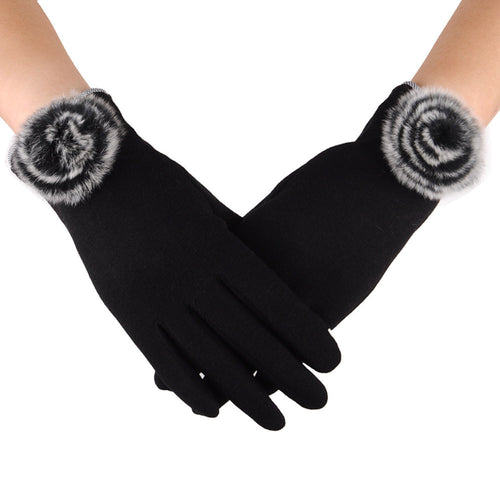 Elegant Womens Touch Screen Gloves Warm Outdoor Sports Faux Fur Pom Poms Gloves Mittens For Women Guantes Mujer IMY66