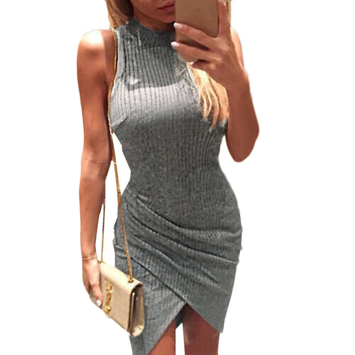 Elegant gray sleeveless knitted casual dress Women evening party sexy bodycon dress Girls short vestidos feminino IMY66