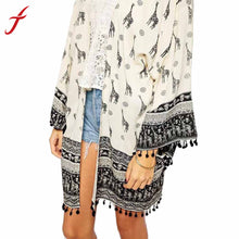 Ethnic Deer Floral Print Loose Kimono Cardigan Crochet Tassels Hem Women's Shirts No Button Blouses Tops IMY66