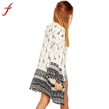 Ethnic Deer Floral Print Loose Kimono Cardigan Crochet Tassels Hem Women's Shirts No Button Blouses Tops IMY66
