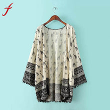 Ethnic Deer Floral Print Loose Kimono Cardigan Crochet Tassels Hem Women's Shirts No Button Blouses Tops IMY66