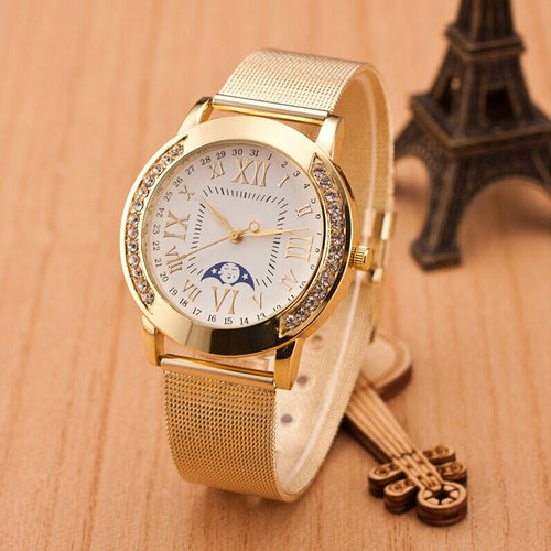 Women Gold Crystal Butterfly Stainless Steel Mesh Band Wrist Watch Casual Quartz Watch relogio feminino IMY66