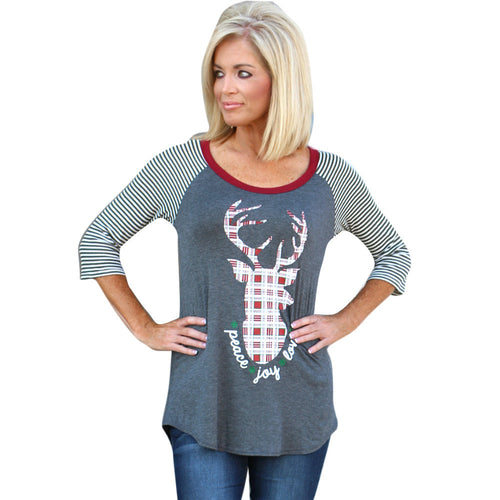 T-Shirts Women ELK Print Striped Splice Round Neck Casual Tops Tee shirt femme camisetas y tops IMY66