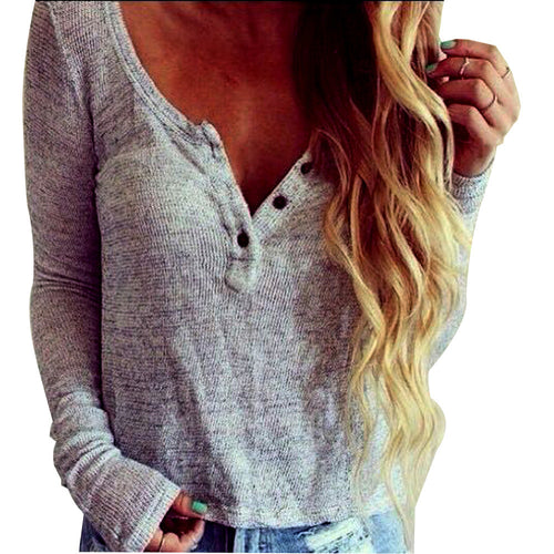 Crop Tops For Womens Lady Sexy V Neck Long Sleeve Shirt Casual Stretch Tops T-Shirt Tee Shirts femme IMY66